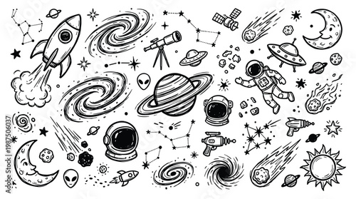 Doodle illustration of celestial objects and space exploration scenes