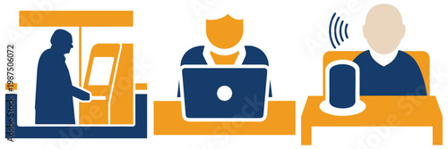 People using technology including atm machine, laptop computer, and smart speaker demonstrating digital services and connectivity.