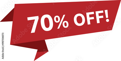 Cartoon red ribbon banner with bold text showing 70 percent discount offer in vector illustration