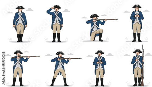 Cartoon Revolutionary War soldier in blue coat demonstrating musket drill positions in vector illustration