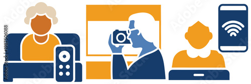 Home comfort for seniors: relaxing on sofa with remote, taking photos, and using tablet for entertainment and connection.