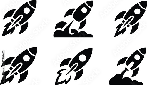 Rocket launch icons set featuring spacecraft takeoff and flying rockets in silhouette style for space startup technology vector design
