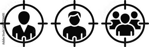 Target audience icons set featuring user focus selection and customer segmentation symbols in modern flat vector business design collection