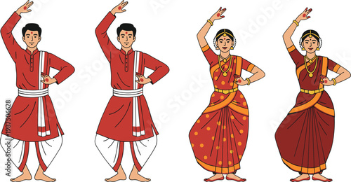 Vector illustration of classical Indian dancers in traditional attire performing cultural poses with mudras and jewelry details