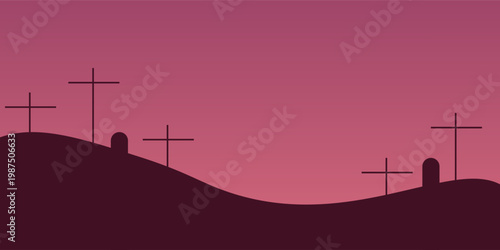 Cemetery in hill. Halloween background with trees, tombstones and fireflies. Halloween purple, violet template.