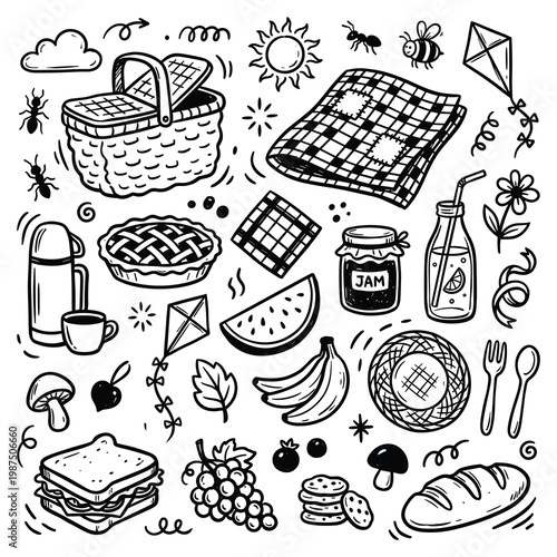 A picnic scene illustration with doodle elements featuring food and outdoor items