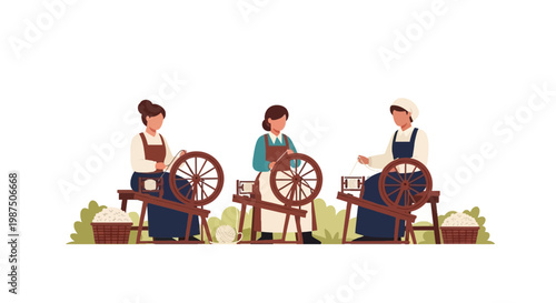 Women Spinning Wool at Outdoor Textile Workshop