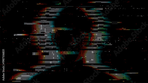 Woman silhouette with glitch effect. Digital portrait with distorted scanning lines on black background. Abstract cyberpunk art for modern technology and futuristic interface design.