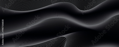 Black abstract background design. Modern wavy line pattern in monochrome colors. Premium stripe texture for banner, business backdrop. Dark horizontal vector template