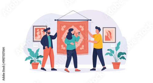 Art Gallery Visitors Viewing and Discussing Wall Paintings