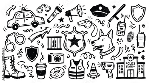 Police doodle illustrations depict service officers and their equipment