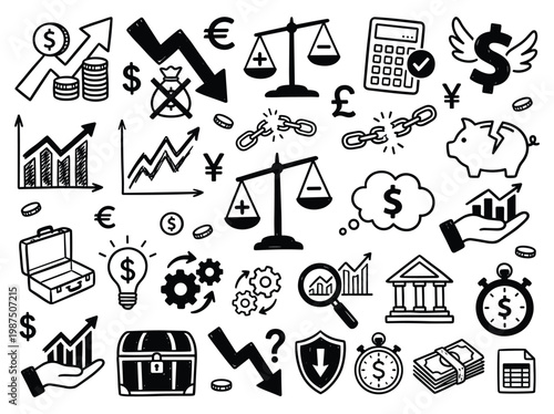 Business finance doodle illustrations showcase various money symbols and icons