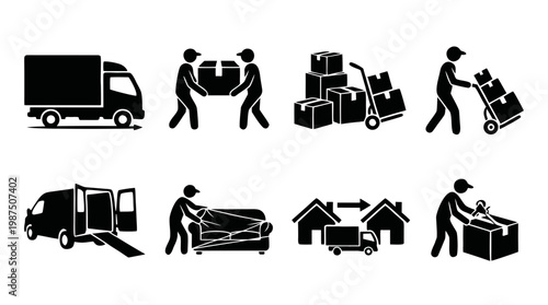 Home relocation and moving service icon set, black silhouette furniture delivery and worker scenes