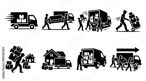 Professional moving service and house relocation icons, black silhouette furniture delivery scenes