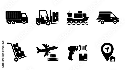 E-commerce fulfillment and inventory management icons, smart logistics and supply chain silhouette symbols