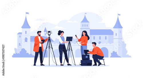 Creative Film Crew Filming in Front of Castle Venue