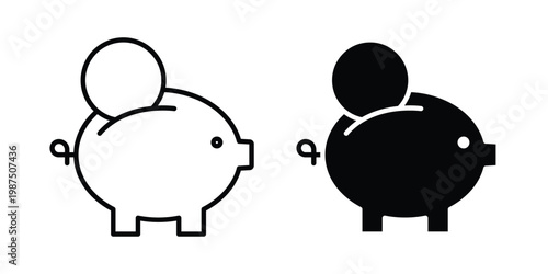 Piggy bank icon vector graphic clipart and line art style set