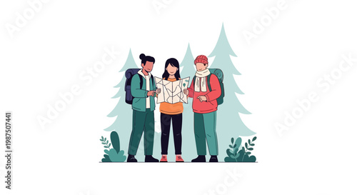 Group of Three Friends Hiking in Forest Wilderness