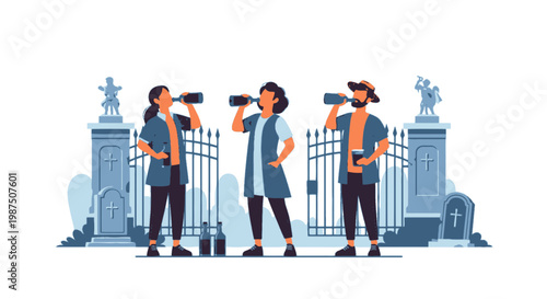 Group of Young Adults Exploring Cemetery with Binoculars and Camera