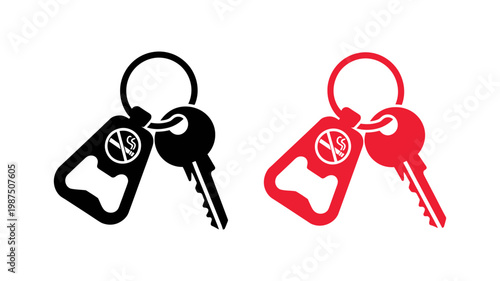 Keychain featuring bottle opener and no smoking symbol in black and red vector icon set for commercial and safety signage