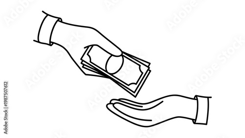 One hand giving stack of cash banknotes to another open hand representing financial transaction payment or charity donation in simple black and white line art vector illustration