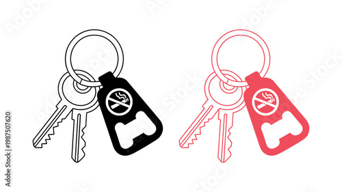 Keychain with keys and bottle opener featuring no smoking sign in black and red vector illustration set