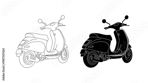 Classic motor scooter in outline and solid black silhouette vector graphic for transport and travel concepts