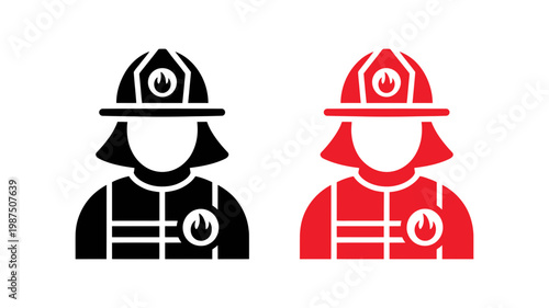 Firefighter or fire safety officer icon set featuring black and red silhouettes for emergency services and public safety design and professional graphic projects