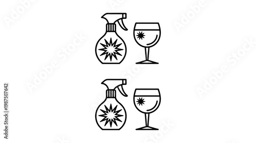 Spray bottle with wine glass icon set featuring minimalist line art designs for cleaning and hospitality industry branding