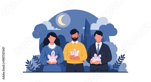 Business Professionals Holding Cloud Data Files in Night Scene