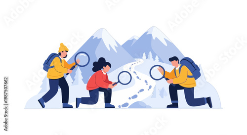 Hikers Exploring Snowy Mountain Range with Magnifying Glasses