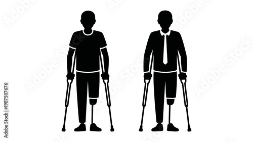 Set of black silhouette icons of disabled men with prosthetic legs and crutches for medical healthcare and accessibility design