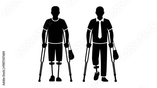 Silhouette icon set of disabled men using crutches and prosthetic legs showing accessibility and inclusivity in society