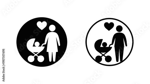 Vector icon set of parents with a baby in a stroller with a heart symbol representing family care and parenting love
