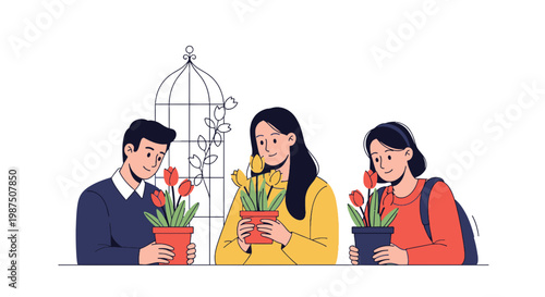 Group of People Planting Flowers in Pots for Gardening Hobby