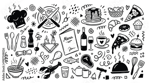 A restaurant doodle illustration featuring various food items and utensils