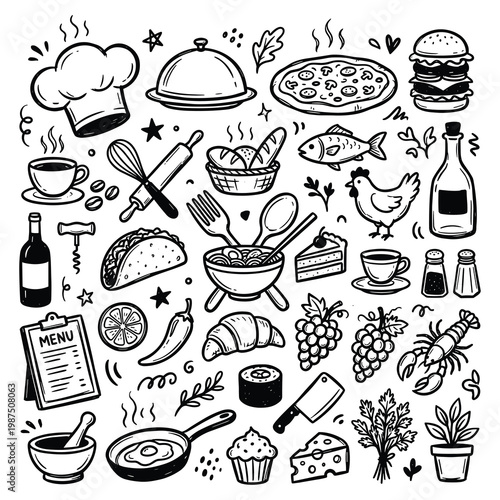 Illustration of various food, kitchen utensils, and a menu on a remote team doodle