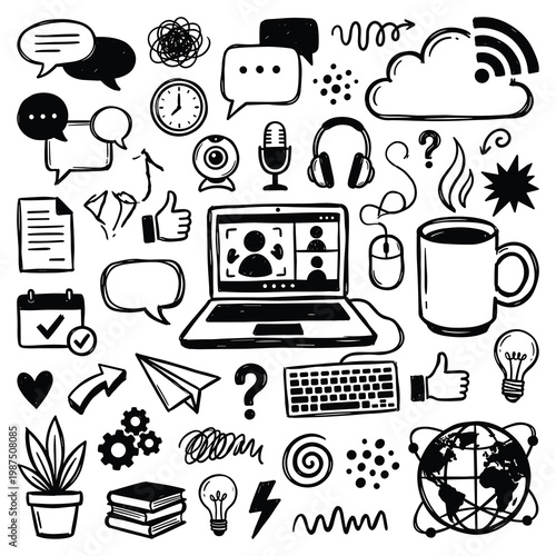 Doodle illustration of people online communicating with laptop and various symbols