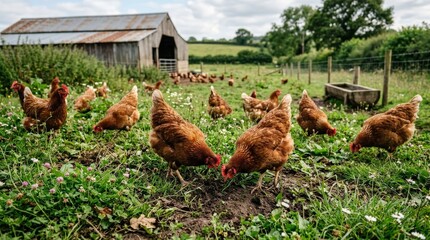 Free-range brown chickens foraging in greenery on an organic farm, natural outdoor life with sustainable rural charm and fresh earthy detail, ultra-realistic, no logos.