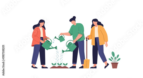 Group of People Watering Plants in Garden