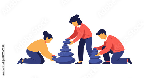 People Building a Stone Pyramid in a Teamwork Activity