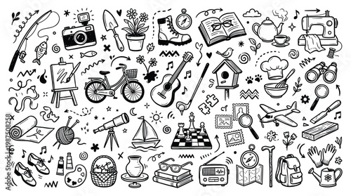 Retro gaming doodle illustrations showcase various hobbies and interests.