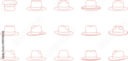 Set of fifteen minimalist hat outline vector illustrations with chef bowler fedora and brimmed styles for fashion design