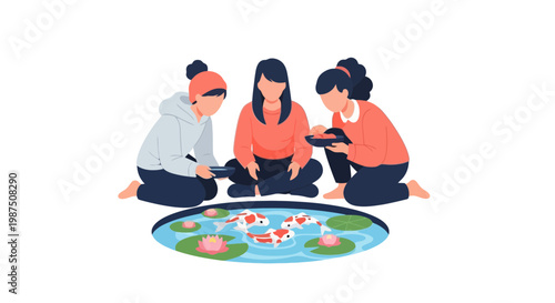Young women relaxing together around a pond with water lilies and koi fish