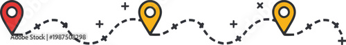 Travel route vector illustration with dashed line and colorful location pins for journey navigation and destination planning