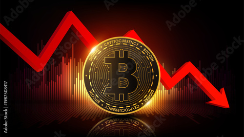 Bitcoin cryptocurrency coin with red arrow and market graph showing digital asset decline, price drop and investment loss concept, vector illustration
