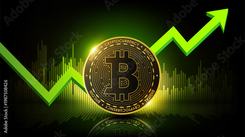 Bitcoin cryptocurrency coin with green arrow and market graph showing digital asset growth, price rally and investment profit concept, vector illustration