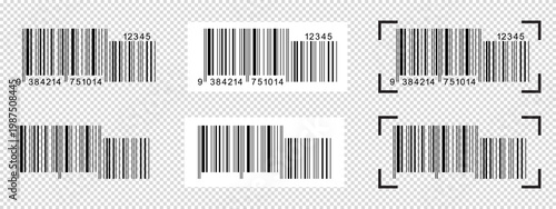 Set of barcode labels with scanner frames. Bar code templates isolated on transparent background. Digital representation with product or manufacturer data information. Vector graphic illustration