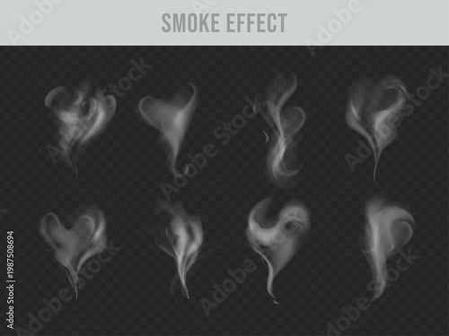 Realistic smoke effect vector set, 8 transparent vapor elements, abstract steam and fog collection, isolated graphic resources for visual design and overlay