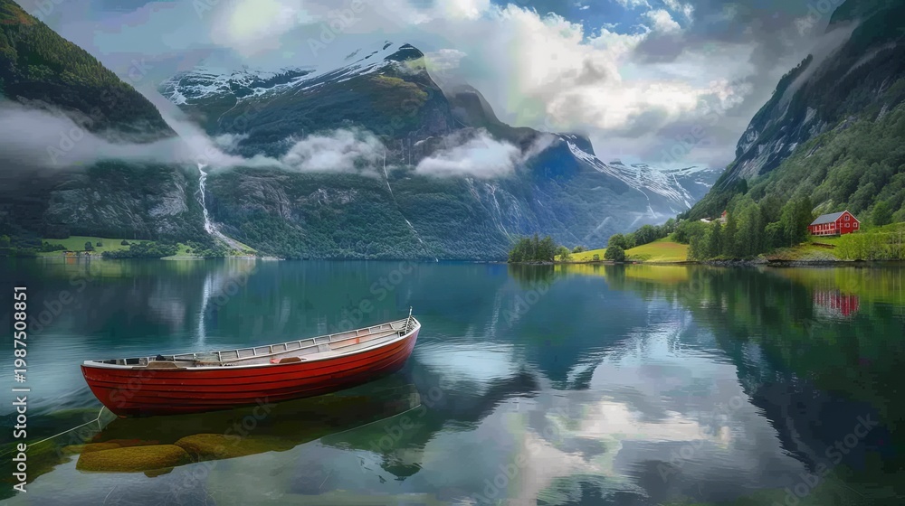 Obraz premium Breath-taking norwegian lake view. enjoying travel and fishing on a scenic boat adventure